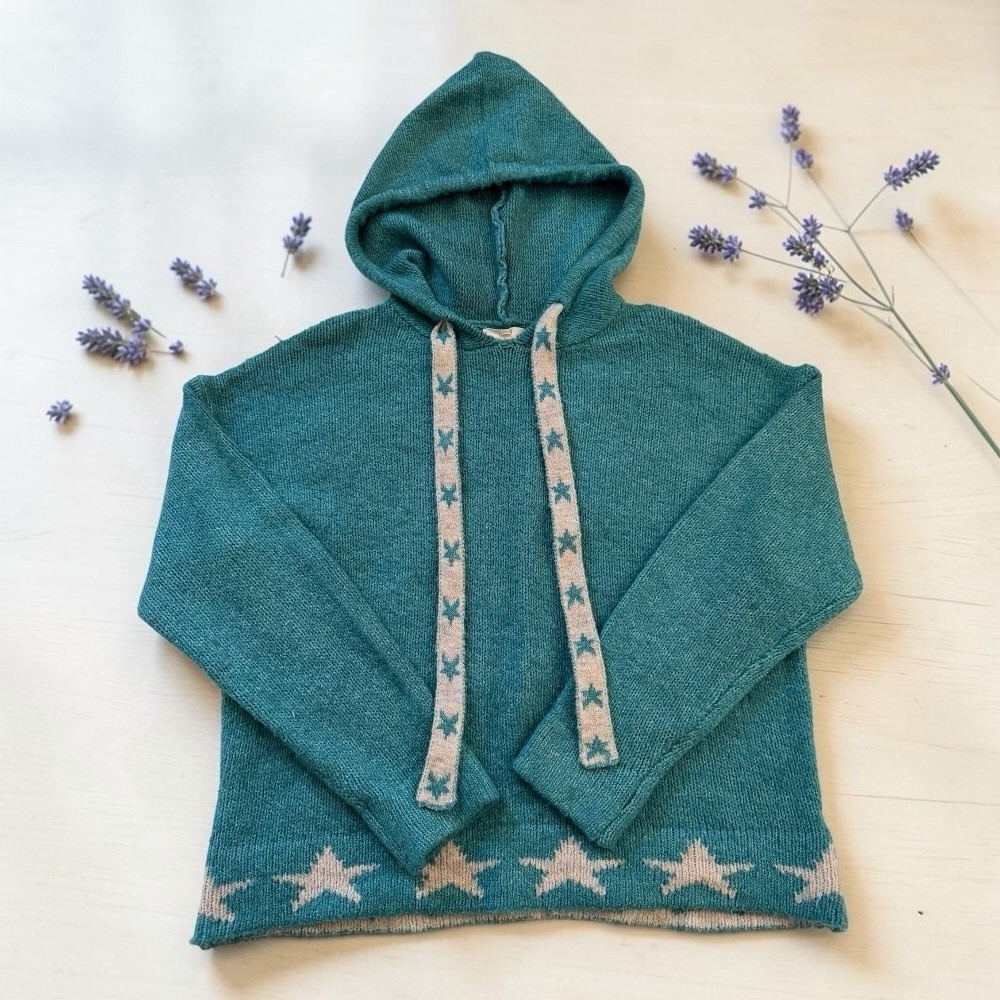 Easel Los Angeles Teal Knit Star Hoodie Sweater Boho Oversized Womens Small